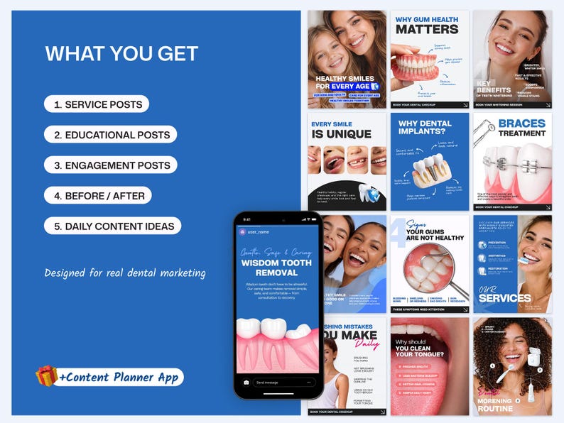 May include: A blue graphic with dental marketing content. The image includes a smartphone displaying a post about wisdom tooth removal, and several informational posts about dental health, including braces, implants, and gum health.
