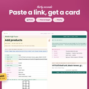 May include: A digital interface for a wishlist and gift tracker spreadsheet on a magenta background. The text reads thirty seconds, Paste a link, get a card, Photo, Price & target, Priority, Add products, and 30 sec PER NEW ITEM.