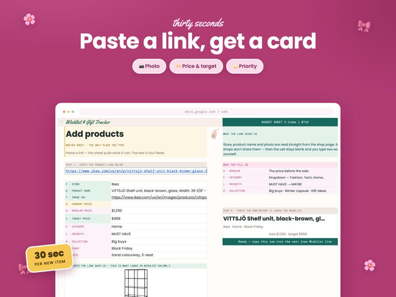 May include: A digital interface for a wishlist and gift tracker spreadsheet on a magenta background. The text reads thirty seconds, Paste a link, get a card, Photo, Price & target, Priority, Add products, and 30 sec PER NEW ITEM.