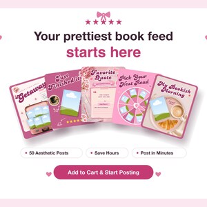 May include: A set of five pink-themed social media templates for book lovers, featuring text like Getaway, Just Finished it, Favorite Quote, Pick Your Next Read, and My Bookish Morning. The graphic includes five stars, bows, and buttons labeled 50 Aesthetic Posts, Save Hours, Post in Minutes, and Add to Cart & Start Posting.