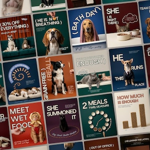 May include: A collection of twenty-four graphic posters featuring various dogs, cats, and a rabbit, each paired with humorous text captions such as Bath Day, Crime Scene, and Grain Free, presented in a grid layout with diverse color backgrounds.