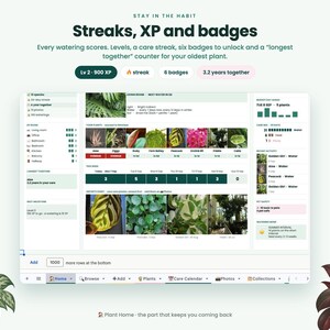 May include: A digital dashboard interface titled Stay in the Habit: Streaks, XP and badges. The screen displays plant care data, including watering scores, levels, a care streak, six badges, and a 3.2 years together counter for plant tracking.