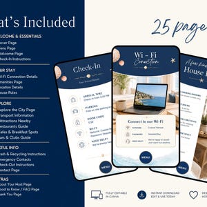 May include: A digital template set for hosts featuring 25 pages of guest information. The dark blue and white design includes sections for check-in, Wi-Fi connection details, and house rules, displayed on three smartphone screens with coastal imagery.