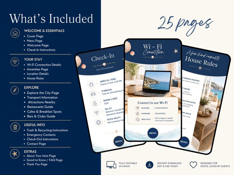 May include: A digital template set for hosts featuring 25 pages of guest information. The dark blue and white design includes sections for check-in, Wi-Fi connection details, and house rules, displayed on three smartphone screens with coastal imagery.