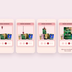May include: Four digital interface screens labeled BOOK GRABBER showing a claw machine game mechanic picking up various book titles. The final screen displays the book The Seven Husbands of Evelyn Hugo with the text this one wrecked me for a week.