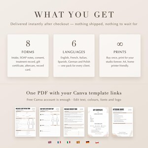Pu&ograve; includere: Un set di modelli digitali contenente 8 moduli tra cui ammissione, note SOAP, consenso, registro dei trattamenti, buono regalo e post-trattamento. Include 6 lingue e un PDF con link Canva per modificare testo, colori, caratteri e loghi.