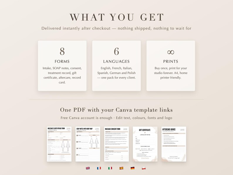 Pu&ograve; includere: Un set di modelli digitali contenente 8 moduli tra cui ammissione, note SOAP, consenso, registro dei trattamenti, buono regalo e post-trattamento. Include 6 lingue e un PDF con link Canva per modificare testo, colori, caratteri e loghi.