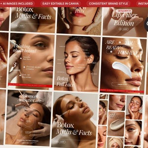 May include: A collage of images related to skincare and cosmetic procedures. The images include text such as "Botox Myths & Facts", "Lip Filler Edition", and "Benefits of Retinol". The overall theme is beauty and aesthetic treatments.