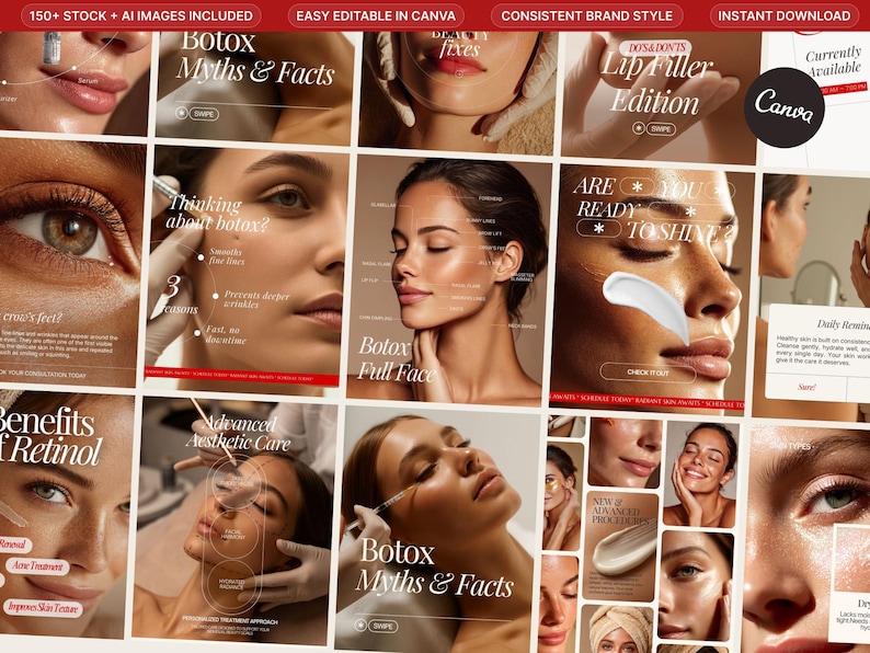 May include: A collage of images related to skincare and cosmetic procedures. The images include text such as "Botox Myths & Facts", "Lip Filler Edition", and "Benefits of Retinol". The overall theme is beauty and aesthetic treatments.