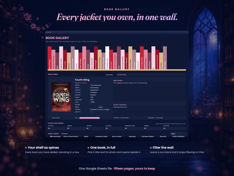 May include: A digital book gallery interface displayed on a dark background. The layout features a row of colorful book spines, a detailed book information card for Fourth Wing, and filter options. Text includes Book Gallery, Every jacket you own, in one wall, and One Google Sheets file - fifteen pages, yours to keep.