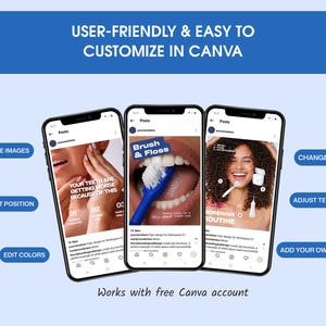 May include: Three smartphones display social media posts with dental care themes, including "Brush & Floss" and "Morening Routine." The image promotes Canva's customisation features, such as replacing images, adjusting text position, and editing colours, with the text "User-Friendly & Easy to Customize in Canva."