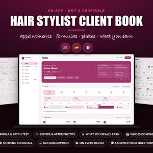 May include: A digital hair stylist client book app interface displayed on a screen, featuring a dark purple and light pink color scheme. The text reads Hair Stylist Client Book, appointments, formulas, photos, what you earn, and various feature labels.