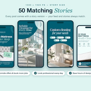 May include: A digital marketing template set featuring 50 matching social media story designs for cleaning services. The graphics display teal and white color schemes with text overlays like Fresh Mattress Better Sleep and Reliable Cleaning for Every Home.