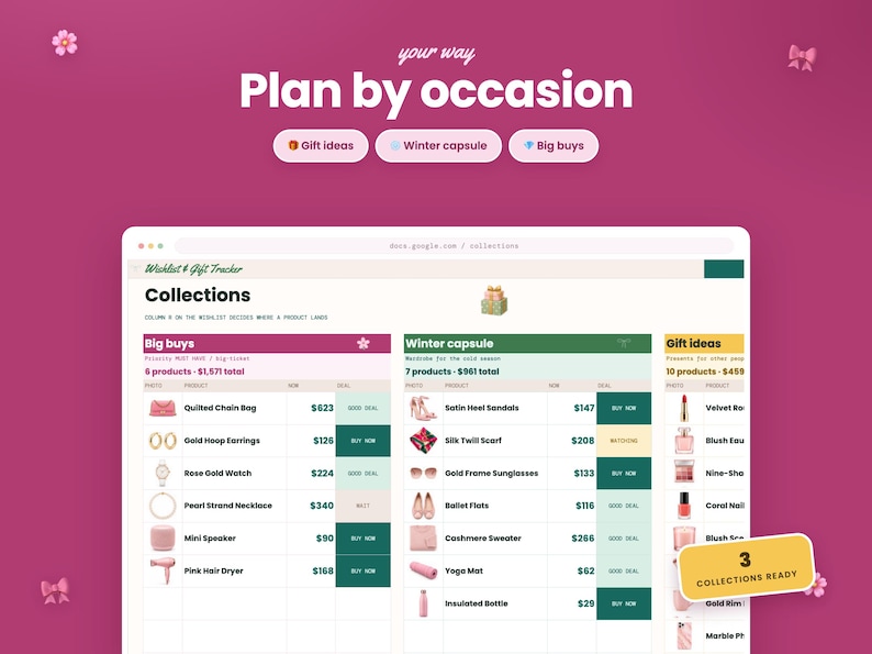 May include: A digital wishlist and gift tracker spreadsheet interface displayed on a dark pink background. The layout features sections for Big buys, Winter capsule, and Gift ideas, with columns for product photos, names, and prices.