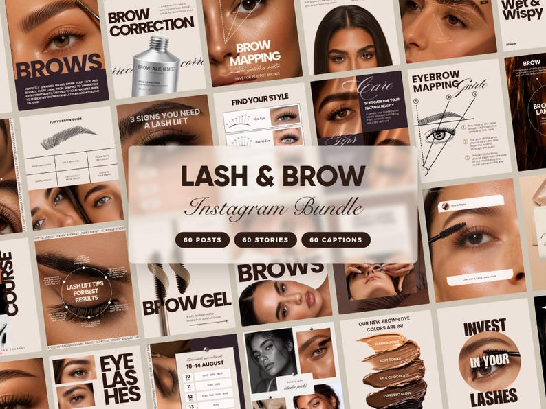 Puede incluir: Un paquete de marketing digital para servicios de pesta&ntilde;as y cejas que incluye sesenta publicaciones, sesenta historias y sesenta pies de foto para Instagram. Contiene plantillas con texto, fotograf&iacute;as de belleza y diagramas.