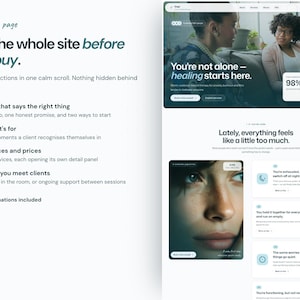 Pu&ograve; includere: Un layout di sito web che presenta una sezione hero con il testo 'You're not alone - healing starts here' e una valutazione di soddisfazione del 98%. La pagina include sezioni per servizi, metodi di interazione e animazioni di scorrimento.