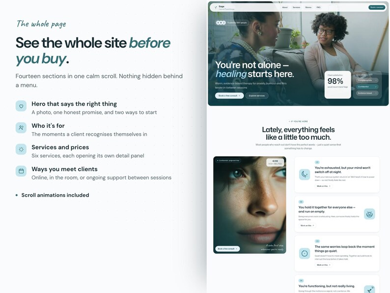 Pu&ograve; includere: Un layout di sito web che presenta una sezione hero con il testo 'You're not alone - healing starts here' e una valutazione di soddisfazione del 98%. La pagina include sezioni per servizi, metodi di interazione e animazioni di scorrimento.