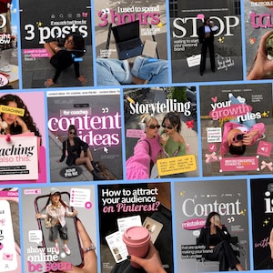 May include: A collection of digital social media graphics featuring various lifestyle photography, pink and white typography, and motivational business text overlays. The images display themes of content creation, coaching, and personal branding strategies.