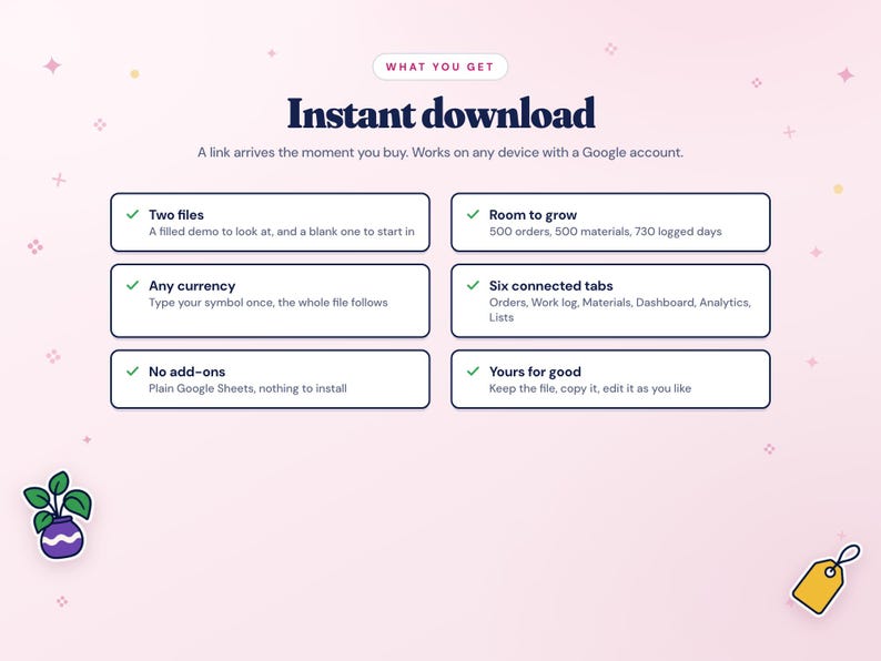 K&ouml;nnte beinhalten: Eine digitale Produktinformationsgrafik mit dem Titel Instant download. Sie listet Funktionen wie zwei Dateien, Raum zum Wachsen, jede W&auml;hrung, sechs verbundene Reiter, keine Add-ons und dauerhaften Besitz auf. Mit Pflanze und Etikett.