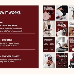 Business coach Instagram Canva template bundle in burgundy and cream colors, showing step-by-step usage instructions, editable post layouts, brand strategy designs, content planning templates, and professional social media graphics for coaches and consultants.