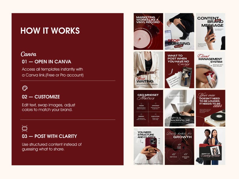 Business coach Instagram Canva template bundle in burgundy and cream colors, showing step-by-step usage instructions, editable post layouts, brand strategy designs, content planning templates, and professional social media graphics for coaches and consultants.