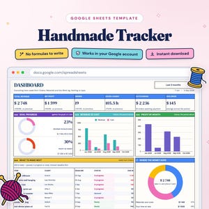 K&ouml;nnte beinhalten: Eine Google Sheets-Vorlage mit dem Titel Handmade Tracker, die ein Dashboard mit Finanzkennzahlen, Zielfortschrittsdiagrammen, Umsatz-Kosten-Balkendiagrammen, monatlichen Gewinnen und einer Aufgabenliste sowie Garn- und Spulensymbolen zeigt.