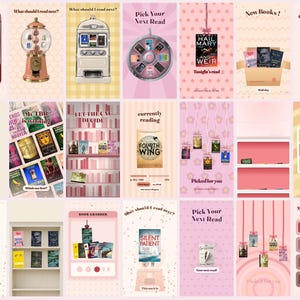 May include: A collection of twenty-one digital social media templates featuring book-themed graphics, including claw machines, gumball dispensers, spinning wheels, bookshelves, bingo cards, and tier lists, all displaying various book covers and text.