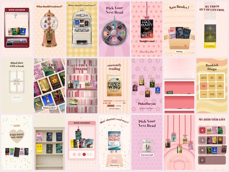 May include: A collection of twenty-one digital social media templates featuring book-themed graphics, including claw machines, gumball dispensers, spinning wheels, bookshelves, bingo cards, and tier lists, all displaying various book covers and text.