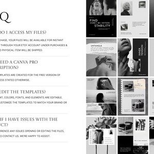 May include: A black and white image featuring a grid of design templates and a FAQ section. The templates include text overlays like "Find Core Within Stability" and "Untangle." The FAQ section addresses file access, Canva Pro subscriptions, and template editing.