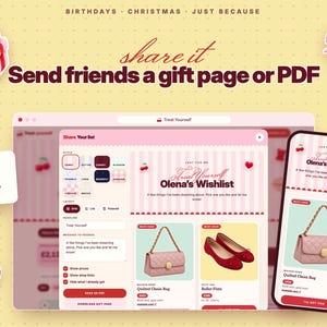 Puede incluir: Una interfaz digital que muestra una funci&oacute;n de lista de deseos con fondos de rayas rosas y blancas. La pantalla presenta listados de productos para un bolso de cadena acolchado y bailarinas, con texto que incluye "Share Your list" y "Olena's Wishlist."