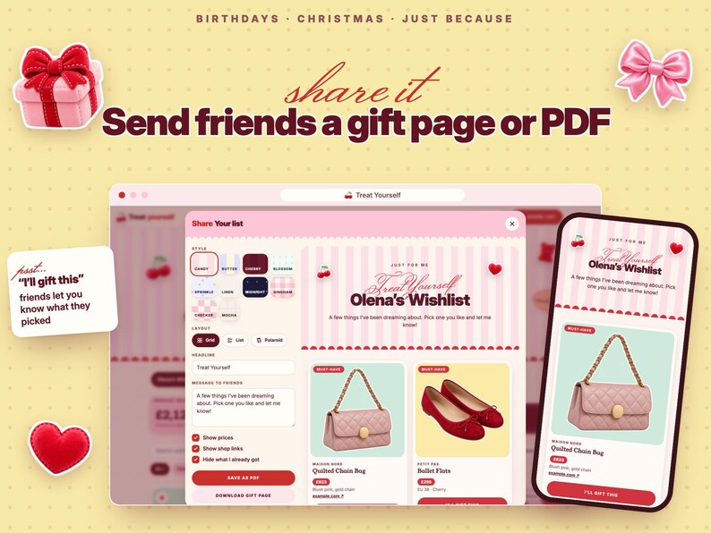 Puede incluir: Una interfaz digital que muestra una funci&oacute;n de lista de deseos con fondos de rayas rosas y blancas. La pantalla presenta listados de productos para un bolso de cadena acolchado y bailarinas, con texto que incluye "Share Your list" y "Olena's Wishlist."