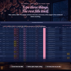 May include: A digital spreadsheet interface titled MY LIBRARY featuring columns for book covers, titles, authors, ISBNs, series, spice levels, tropes, and ratings. The dark-themed table includes text headers and rows with pink progress bars.