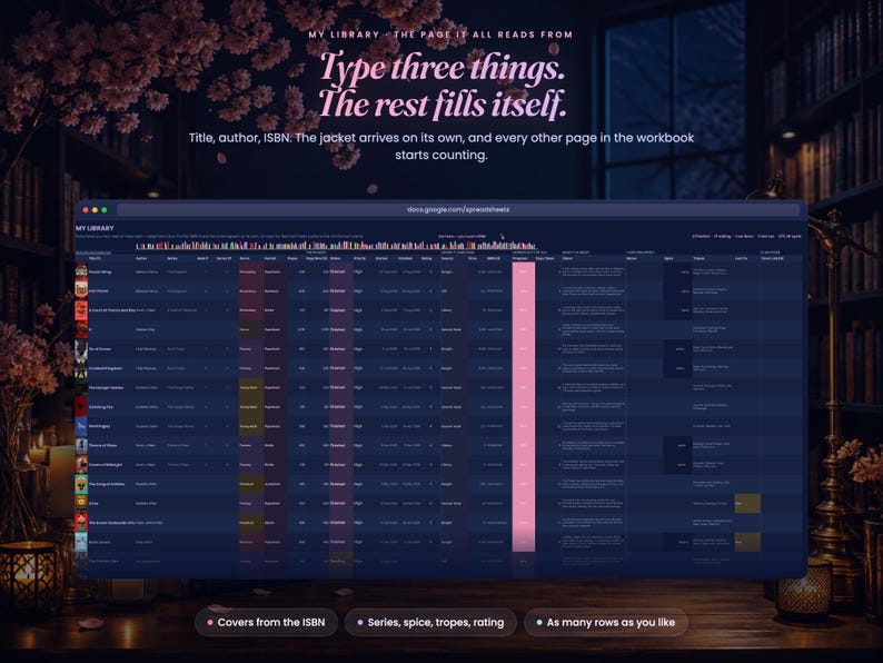May include: A digital spreadsheet interface titled MY LIBRARY featuring columns for book covers, titles, authors, ISBNs, series, spice levels, tropes, and ratings. The dark-themed table includes text headers and rows with pink progress bars.
