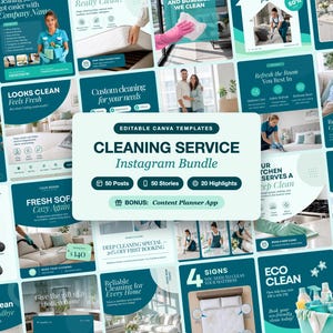 May include: A digital collection of editable Canva templates for cleaning services, featuring a central white label with the text CLEANING SERVICE Instagram Bundle, surrounded by various social media post designs in teal and white colour schemes.