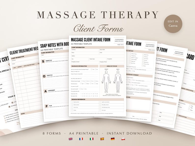 Massage Therapy Forms Bundle, Editable Canva Template, Client Intake, Consent, SOAP Notes, Printable A4 immagine 1