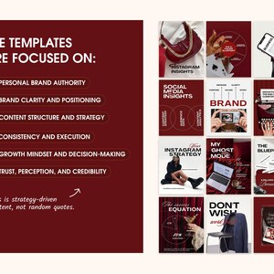 Burgundy business coach Instagram Canva templates with strategy-focused post layouts, brand positioning graphics, social media content ideas, carousel designs, and editable marketing templates for coach