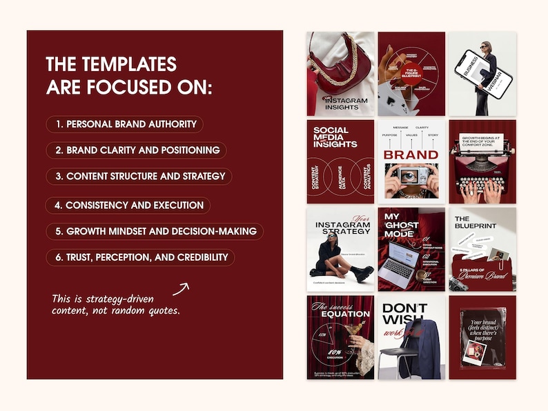 Burgundy business coach Instagram Canva templates with strategy-focused post layouts, brand positioning graphics, social media content ideas, carousel designs, and editable marketing templates for coach