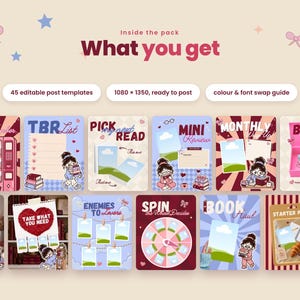 May include: A digital pack of 45 editable social media post templates featuring book-themed illustrations, including text like Pick, TBR List, Mini Review, Monthly Wrap Up, Book Mail, Bookish, Take What You Need, Enemies to Lovers, Spin the Wheel, and Book Haul.