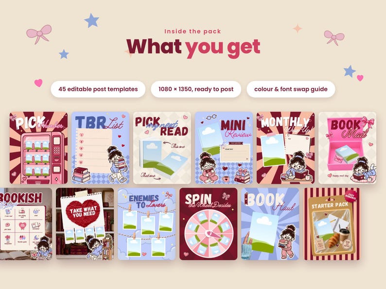 May include: A digital pack of 45 editable social media post templates featuring book-themed illustrations, including text like Pick, TBR List, Mini Review, Monthly Wrap Up, Book Mail, Bookish, Take What You Need, Enemies to Lovers, Spin the Wheel, and Book Haul.