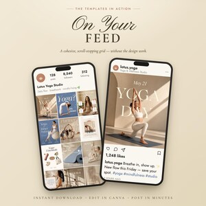 Instagram feed mockup showing editable yoga Canva templates displayed on two phone screens. Beige and soft blue social media designs feature yoga lifestyle photos, wellness content, studio posts, and a polished Instagram grid preview for yoga teachers, instructors, wellness brands, and yoga studios.