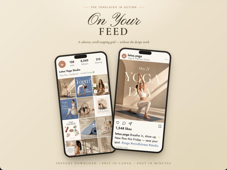 Instagram feed mockup showing editable yoga Canva templates displayed on two phone screens. Beige and soft blue social media designs feature yoga lifestyle photos, wellness content, studio posts, and a polished Instagram grid preview for yoga teachers, instructors, wellness brands, and yoga studios.
