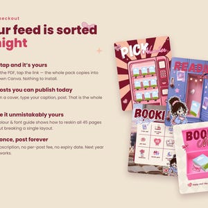 May include: A digital social media template set featuring four illustrated cards with text including Pick Number, Reading Locker, Bookish Binge, and Book Mail. The cards display pink and blue color schemes with cartoon characters and book themes.