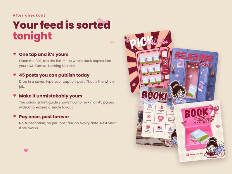 May include: A digital social media template set featuring four illustrated cards with text including Pick Number, Reading Locker, Bookish Binge, and Book Mail. The cards display pink and blue color schemes with cartoon characters and book themes.