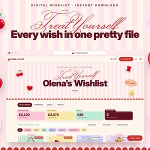 Puede incluir: Una interfaz de lista de deseos digital titulada Treat Yourself Olena's Wishlist sobre un fondo de rayas rosa claro. La pantalla muestra categor&iacute;as, valores en libras y botones de navegaci&oacute;n. Los iconos decorativos incluyen cerezas, un oso rojo, un coraz&oacute;n, un lazo y una estrella amarilla.