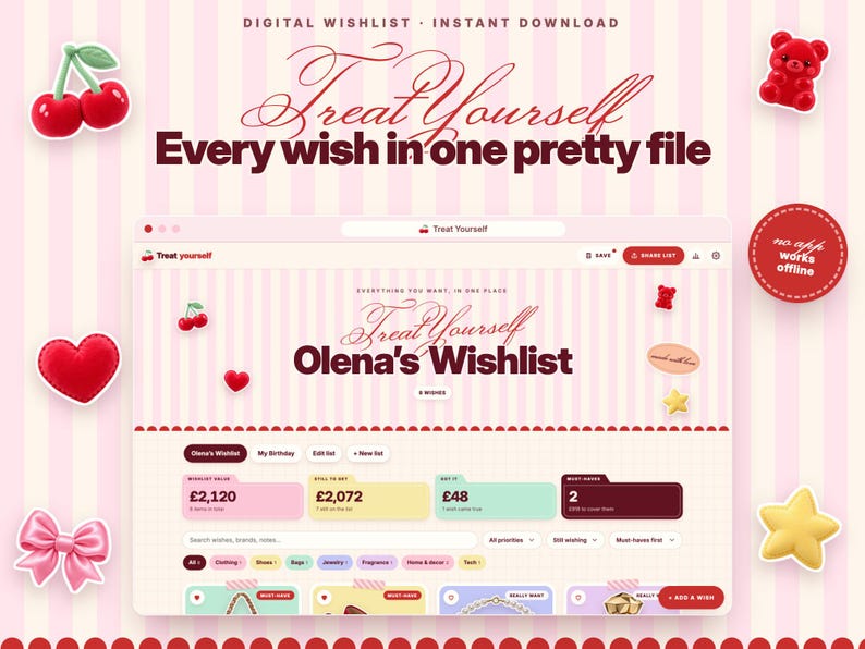 Puede incluir: Una interfaz de lista de deseos digital titulada Treat Yourself Olena's Wishlist sobre un fondo de rayas rosa claro. La pantalla muestra categor&iacute;as, valores en libras y botones de navegaci&oacute;n. Los iconos decorativos incluyen cerezas, un oso rojo, un coraz&oacute;n, un lazo y una estrella amarilla.