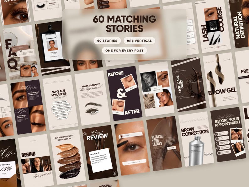 Puede incluir: Una colecci&oacute;n de 60 plantillas de historias para redes sociales a juego con una paleta de colores neutros en beige, marr&oacute;n y blanco. Los dise&ntilde;os incluyen textos superpuestos como 60 MATCHING STORIES, BEFORE & AFTER, CLIENT REVIEW y BROW CORRECTION.