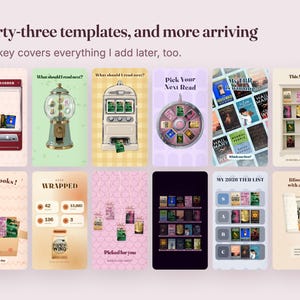 May include: A collection of twelve digital templates for book tracking and reading lists, featuring various graphic designs like a claw machine, gumball machine, slot machine, spinning wheel, bookshelf, and tier list, with text including Thirty-three templates.
