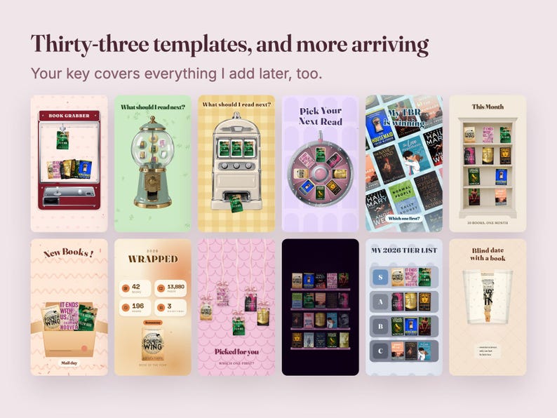 May include: A collection of twelve digital templates for book tracking and reading lists, featuring various graphic designs like a claw machine, gumball machine, slot machine, spinning wheel, bookshelf, and tier list, with text including Thirty-three templates.