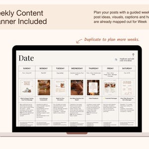 The planner includes sections for each day of the week, with space for post ideas, visuals, captions, and hashtags. Text at the top says "Weekly Content Planner Included."