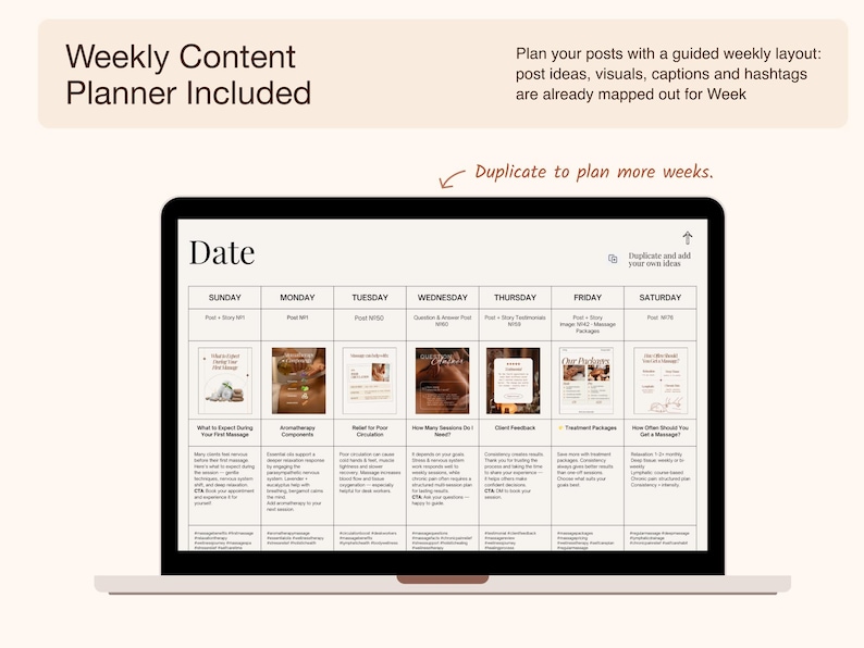 The planner includes sections for each day of the week, with space for post ideas, visuals, captions, and hashtags. Text at the top says "Weekly Content Planner Included."